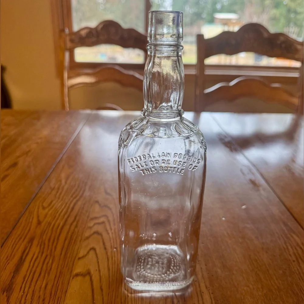 Vintage 1940s Jim Beam Clear Glass Whiskey Bottle Embossed MCM Decor